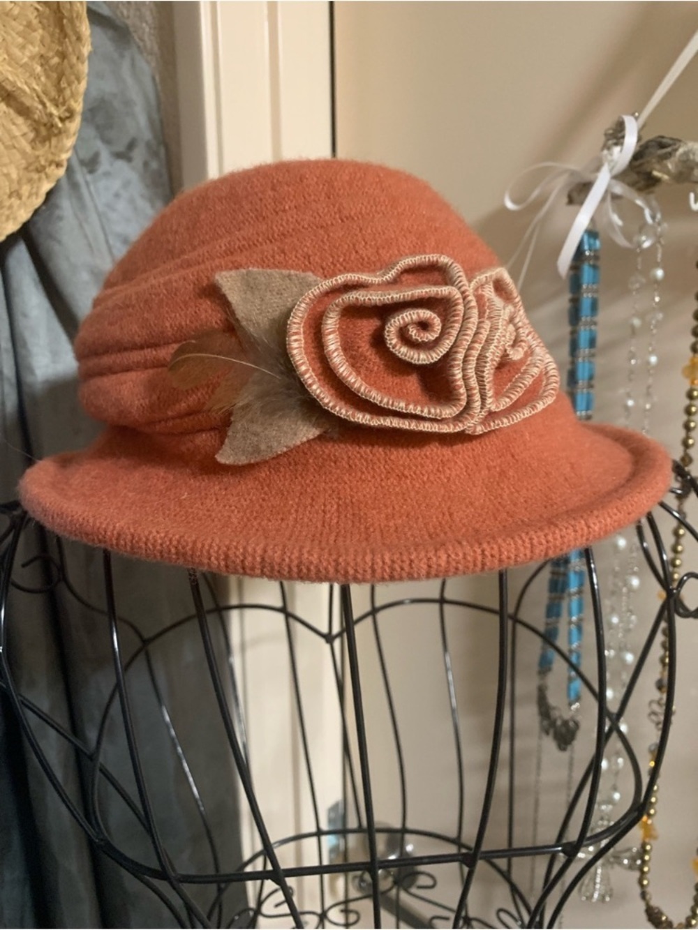 Women's Terracotta Wool Cloche Hat with Rose Accent